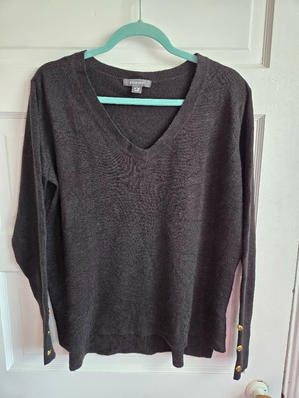 Primark Charcoal Grey V-Neck Sweater with Gold Button Cuffs - Size L